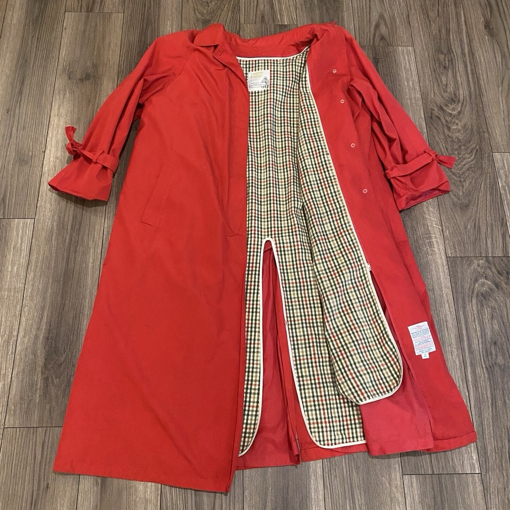 Vintage London Fog Red Trench Coat Women's Sz 20 Removable Liner 80s Plaid Lined
